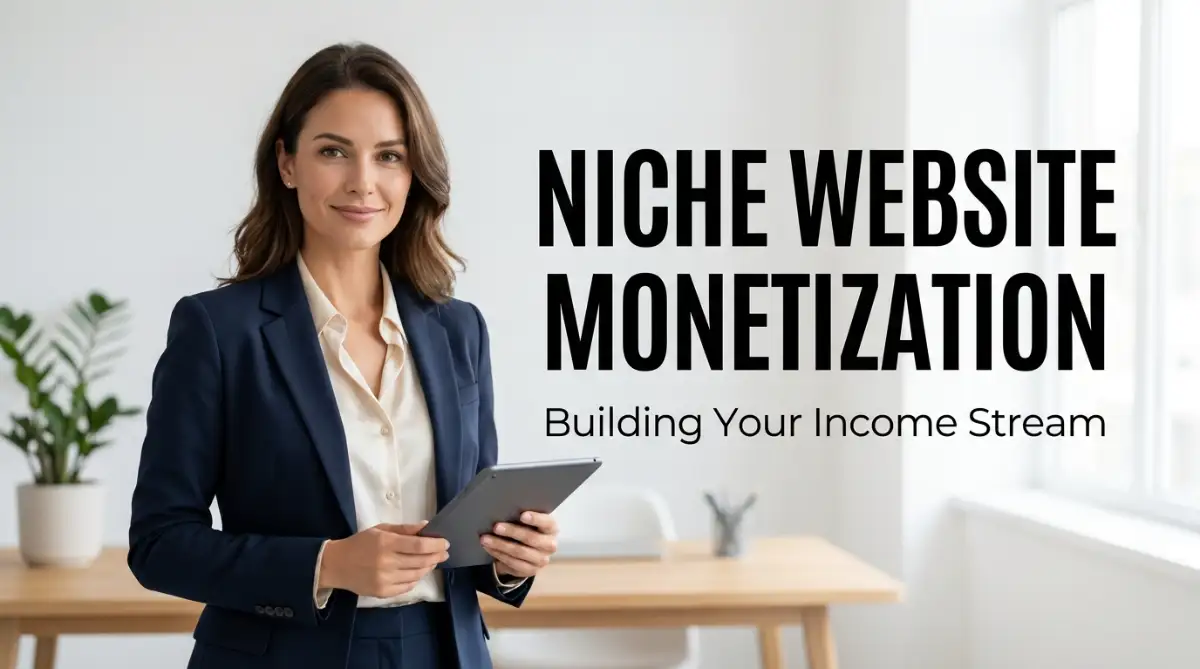 A smart and professional female model holding a tablet with text explaining the core mechanics of niche website monetization and building a reliable income stream.