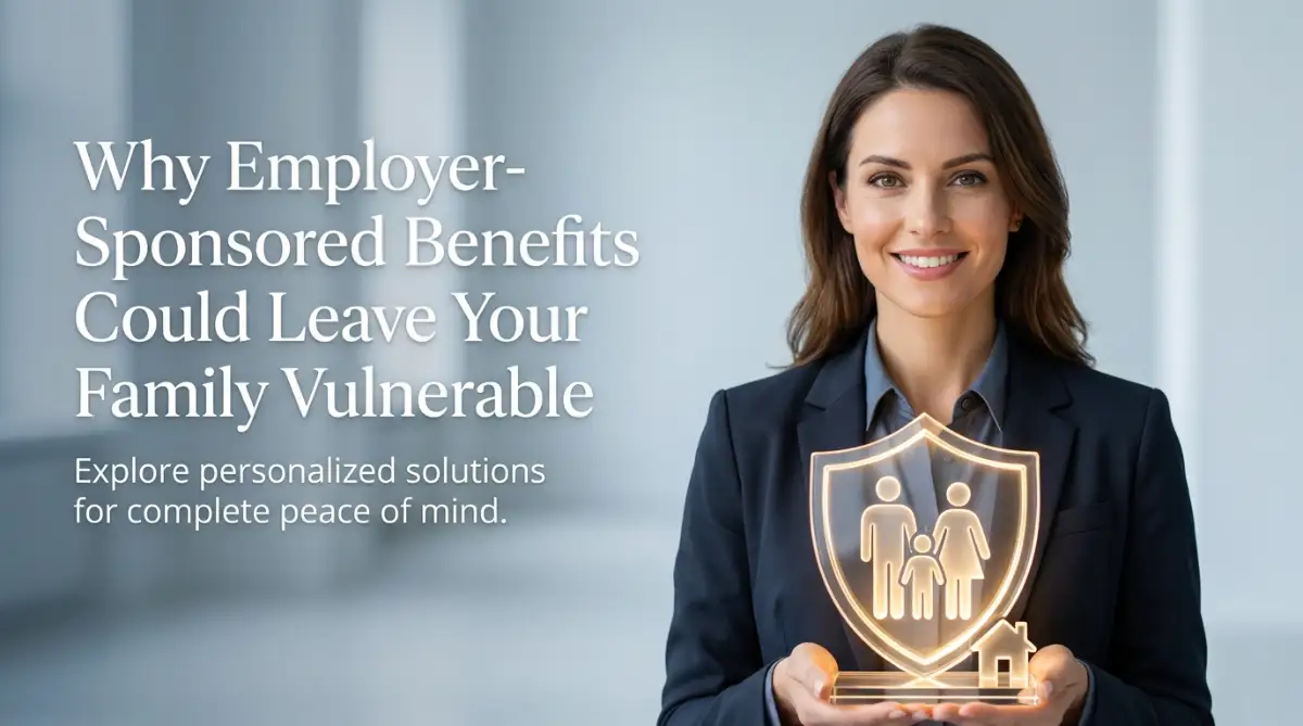 A professional female model standing next to text that explains why relying solely on employer-sponsored benefits could leave your family vulnerable to financial risks.