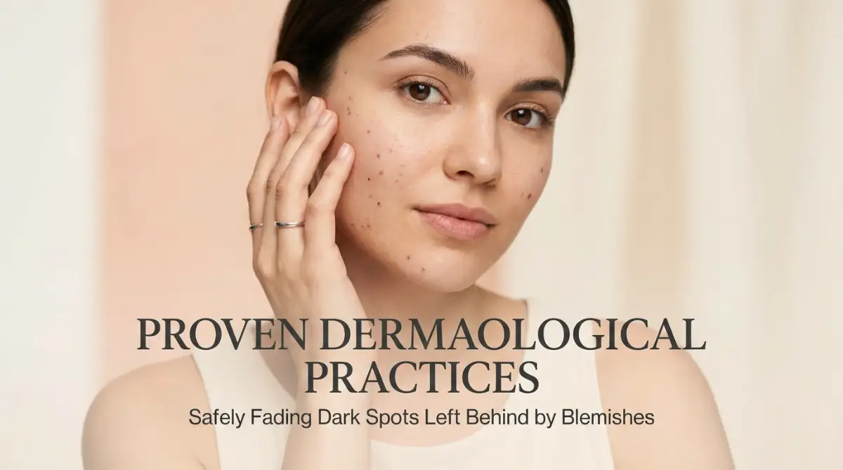 A young woman gently touching her cheek to demonstrate safely fading dark spots left behind by blemishes using proven dermatological practices.