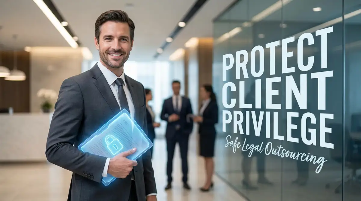 A smart young professional holding a secure folder, demonstrating how to maintain attorney-client privilege during legal outsourcing.