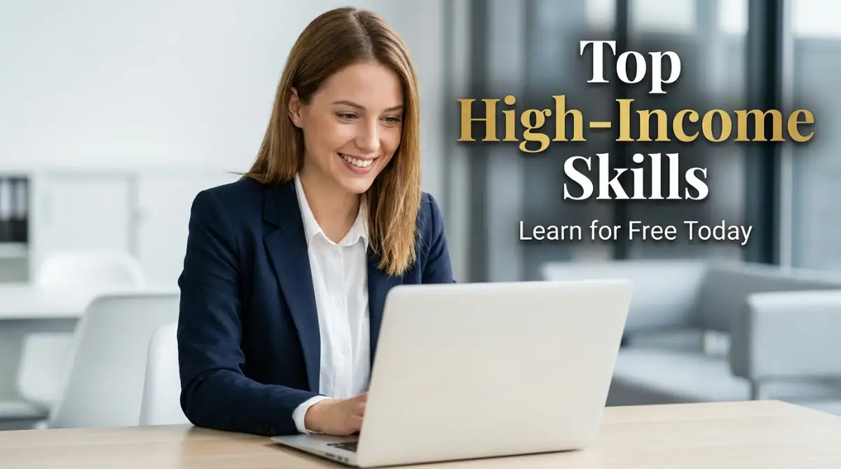 A female professional learning high-income skills for free on her laptop in a modern, bright office setting.