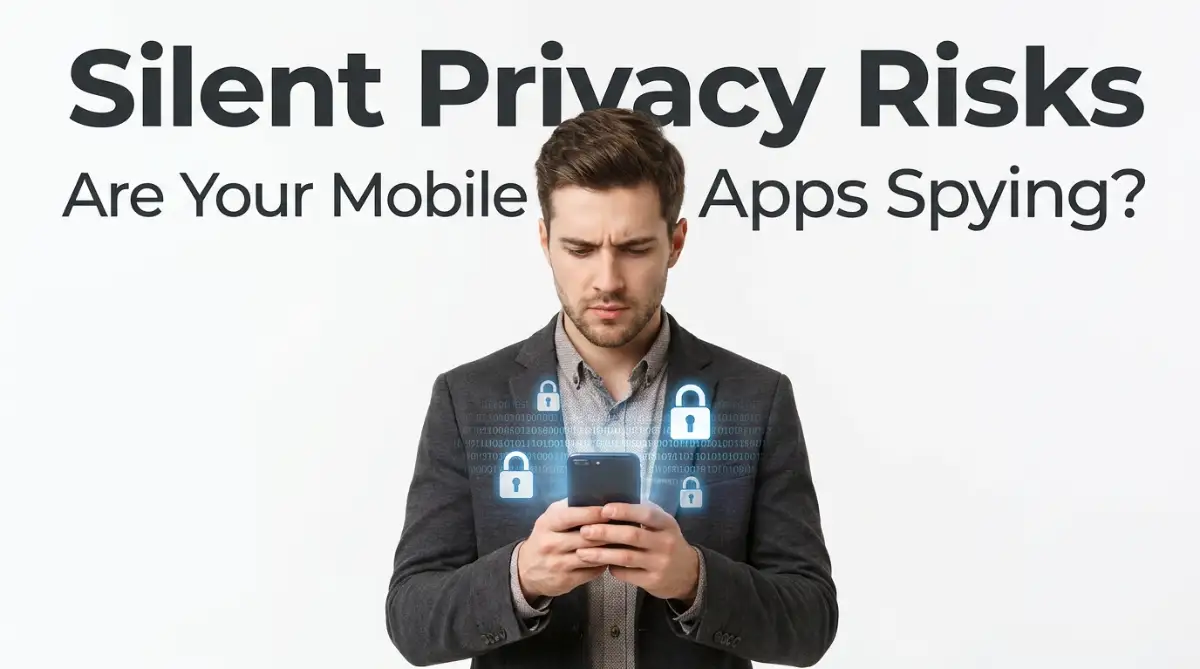 A smart young man holding a smartphone surrounded by digital lock icons, representing the hidden privacy risks inside everyday mobile applications.