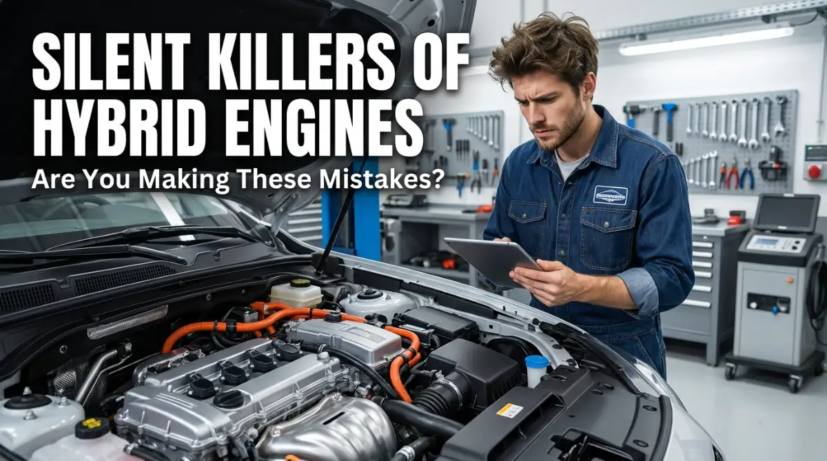 A smart young male mechanic looks at a diagnostic tablet next to a hybrid engine bay, explaining how to avoid hybrid engine damage through proper maintenance.