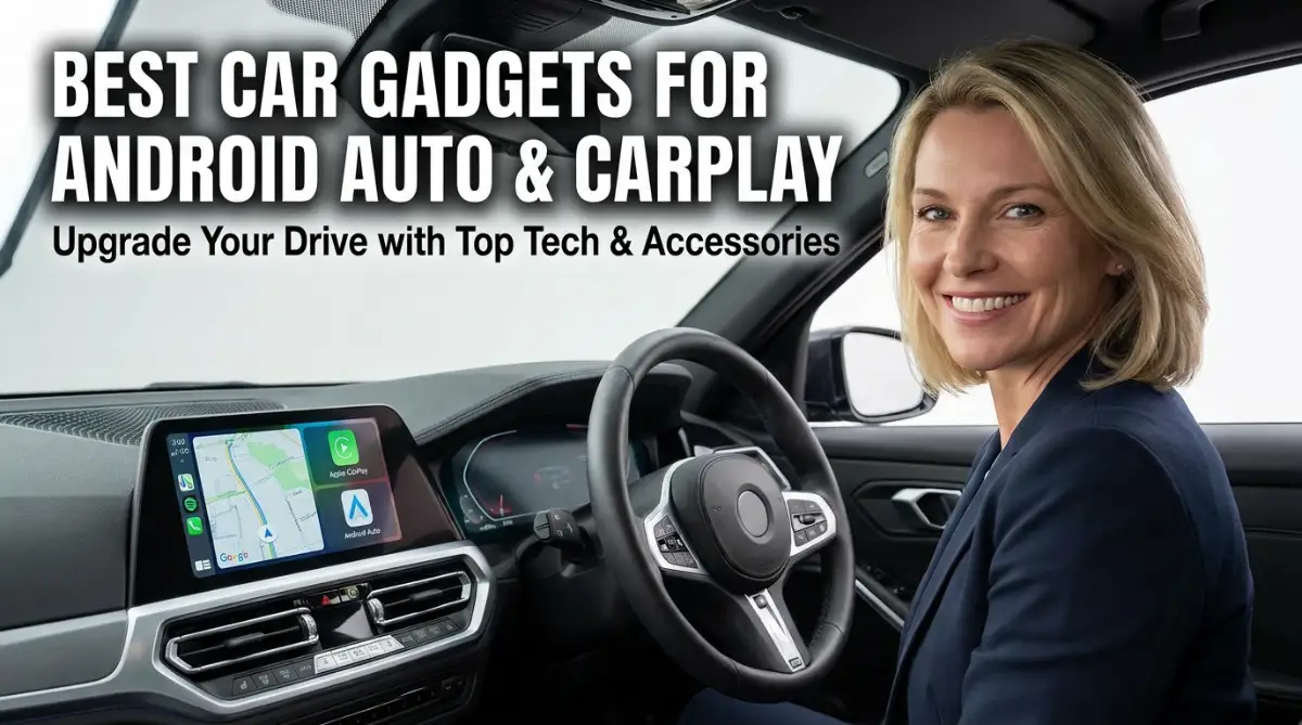 A modern car dashboard displaying smart navigation and music options while a driver enjoys a hands-free experience using top smart car gadgets.