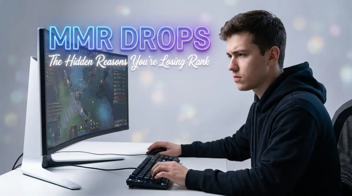 A smart young male gamer looking frustrated at his computer screen, illustrating the common pain of sudden MMR drops and unexplained losing streaks in competitive tactical shooters.