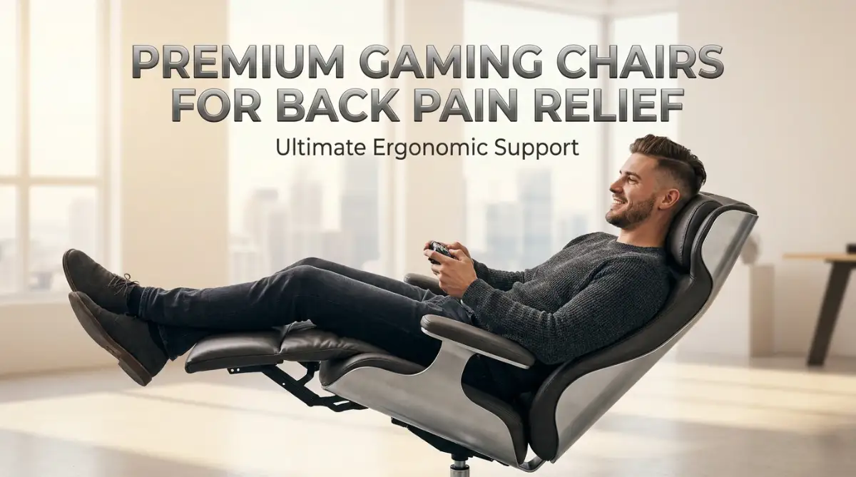 A handsome young male gamer comfortably sitting in a premium gaming chair designed for back pain relief, demonstrating perfect posture and true ergonomic support.