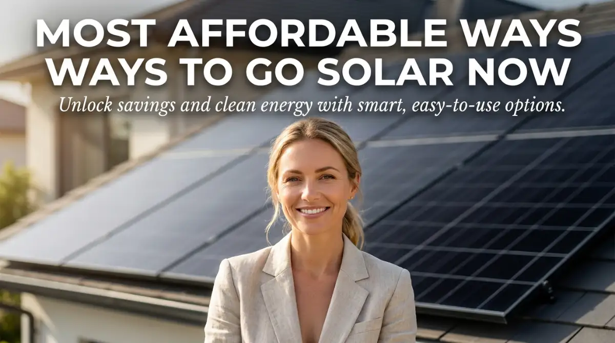 A confident female model standing in front of modern panels, presenting the most affordable ways to go solar right now.