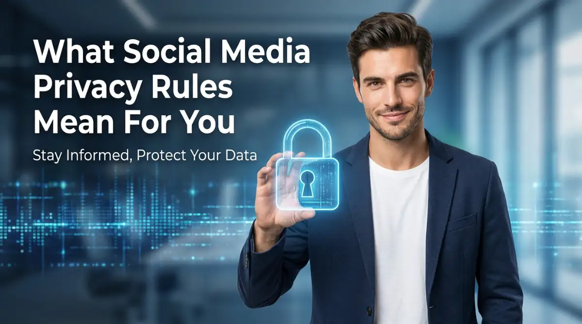 A smart young man holding a digital padlock, representing the latest social media privacy regulations and how everyday internet users can protect their data.