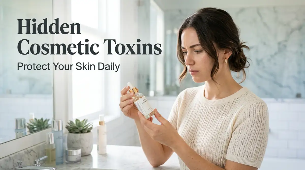 A smart young woman carefully reading the ingredient label on a skincare bottle to identify hidden toxic chemicals in her daily cosmetics.