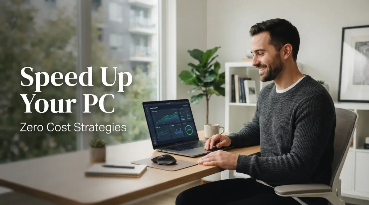 A smart young man sitting in a minimalist home office looking relieved while working on a fast laptop, illustrating how to speed up a lagging operating system without upgrading any hardware.