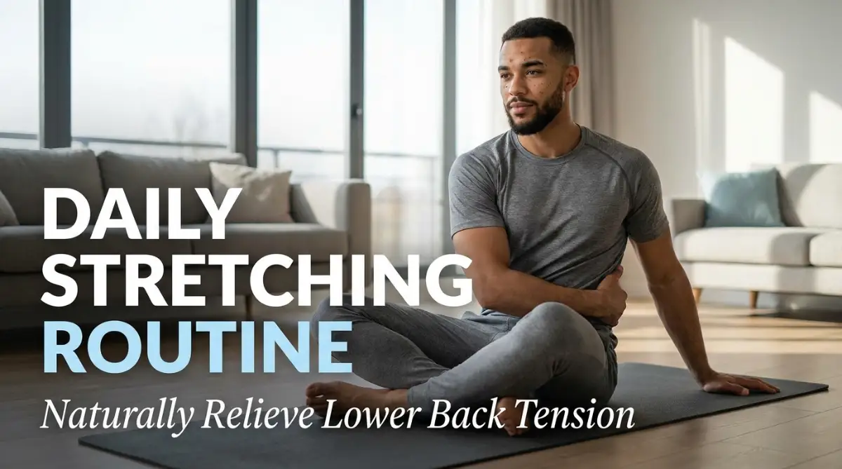 A smart 28-year-old male gently doing a daily stretching routine in a bright room to naturally relieve persistent lower back tension.