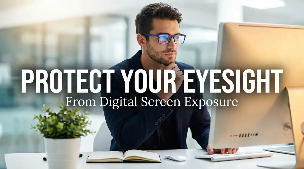 A smart young male professional wearing protective glasses while working at a computer, demonstrating how to protect eyesight from prolonged digital screen exposure at work.
