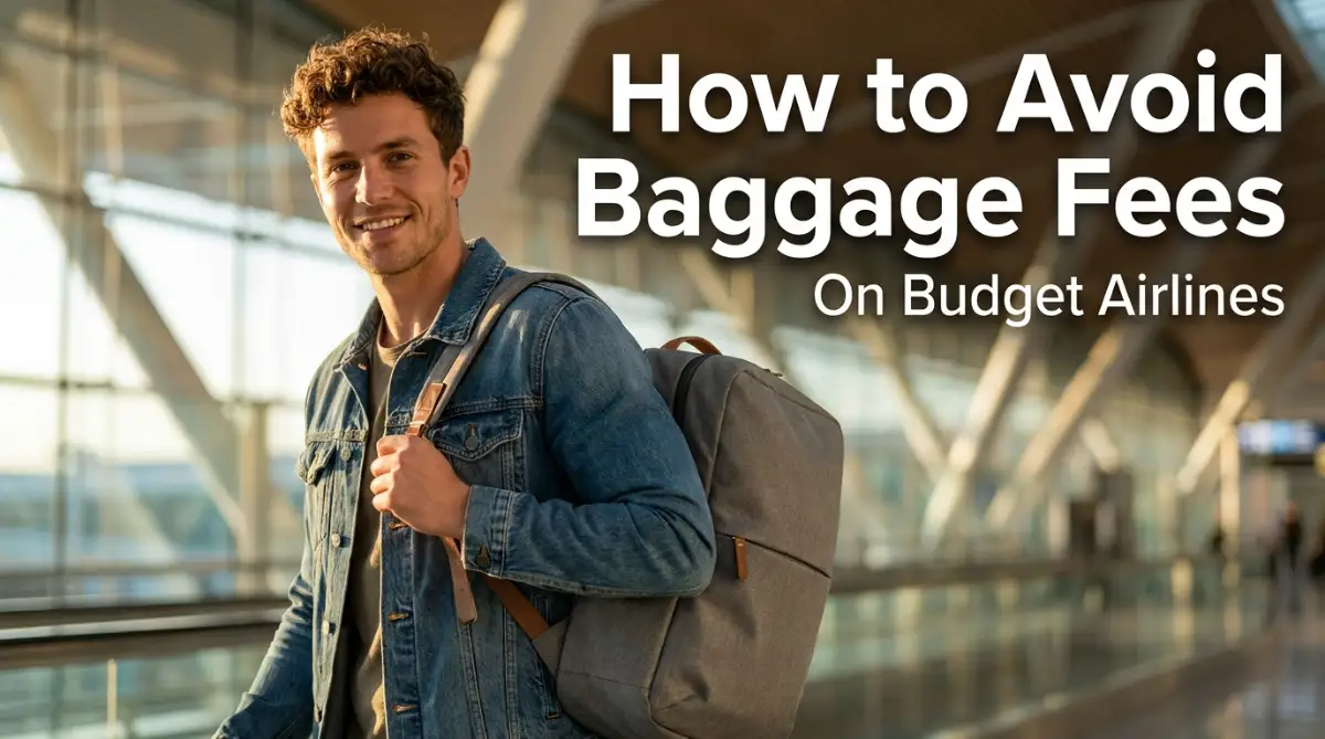 A confident young male traveler at the airport sharing a guide on how to avoid baggage fees on budget airlines using smart packing strategies.