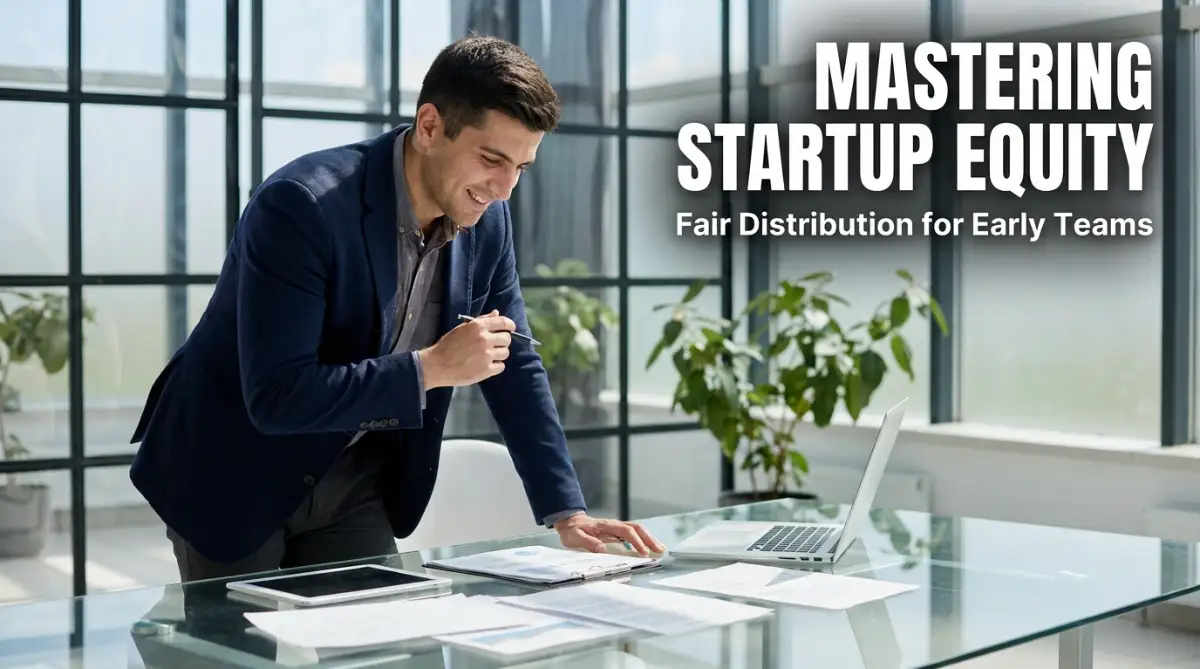 A confident young male entrepreneur reviewing business documents, representing a guide on how to handle startup equity distribution for early-stage employees.