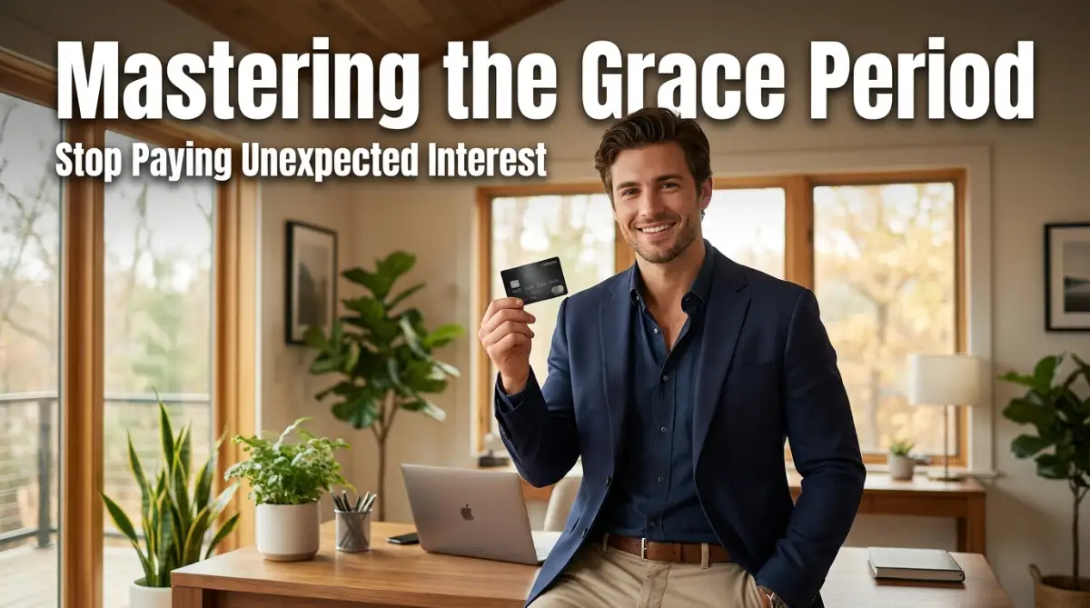 A smart young professional confidently holding a credit card, representing the mastery of the credit card grace period to avoid unexpected interest charges completely.