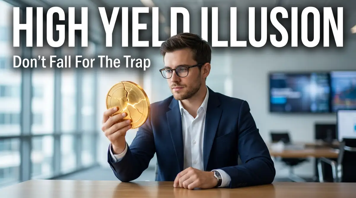 A smart young male investor carefully examining a cracking golden coin, representing the dangerous traps hidden inside high dividend yield investing.
