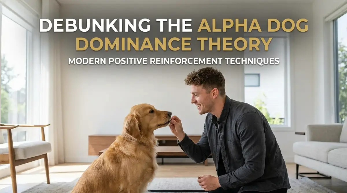 A smart young male trainer effectively using positive reinforcement techniques to train a Golden Retriever, debunking the outdated alpha dog dominance theory.