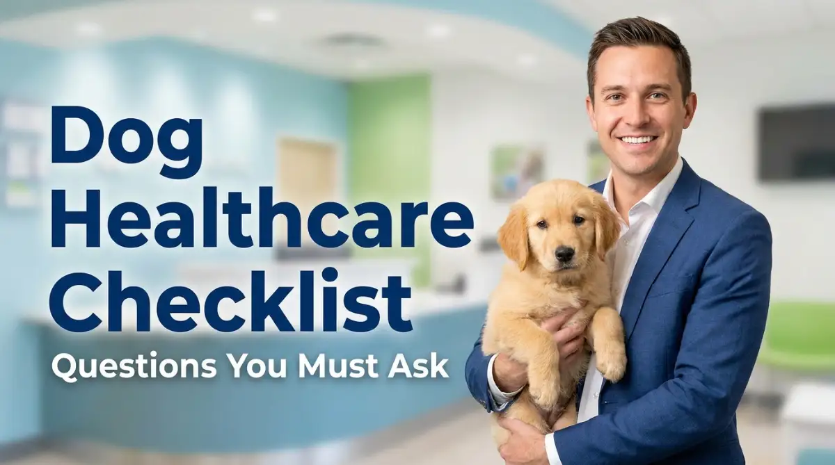 A smart young man holding a cute puppy while thinking about the most important questions to ask before choosing a dog healthcare policy.