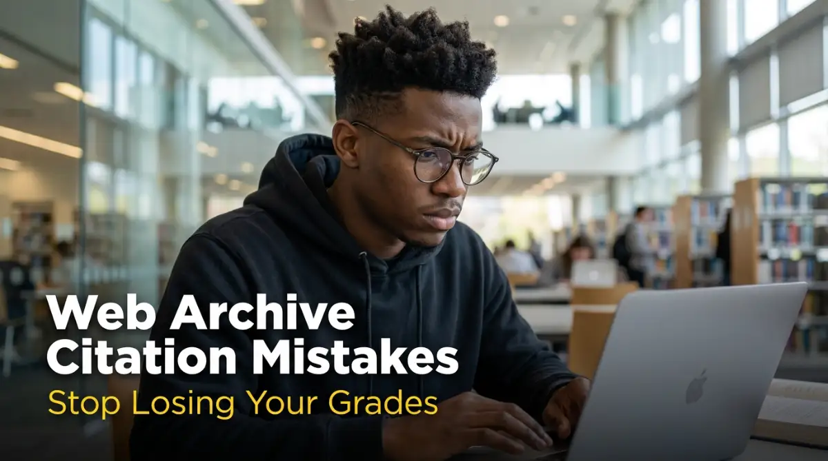A stressed young male student in a library trying to fix major formatting mistakes while citing digital web archives for his research paper.