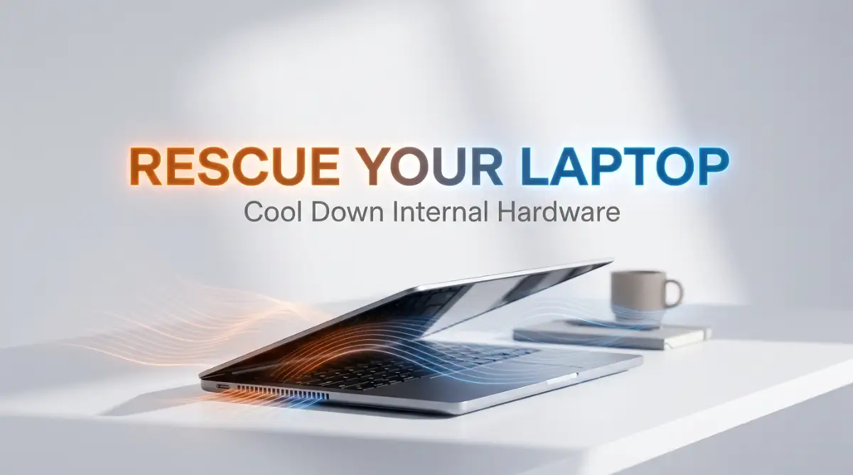 A sleek laptop placed on a clean studio desk showing glowing thermal waves, illustrating proven techniques for rescuing an overheating laptop and safely lowering internal hardware temperatures.