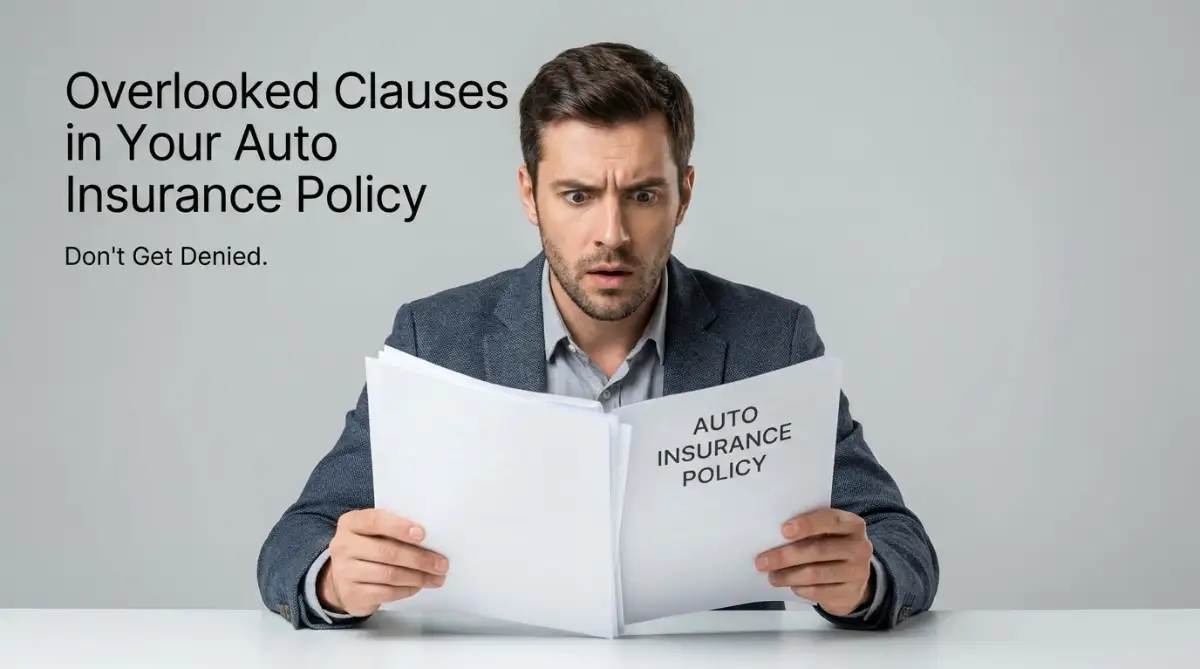 A stressed young man reviewing his auto insurance policy after discovering overlooked clauses that might deny his next claim.