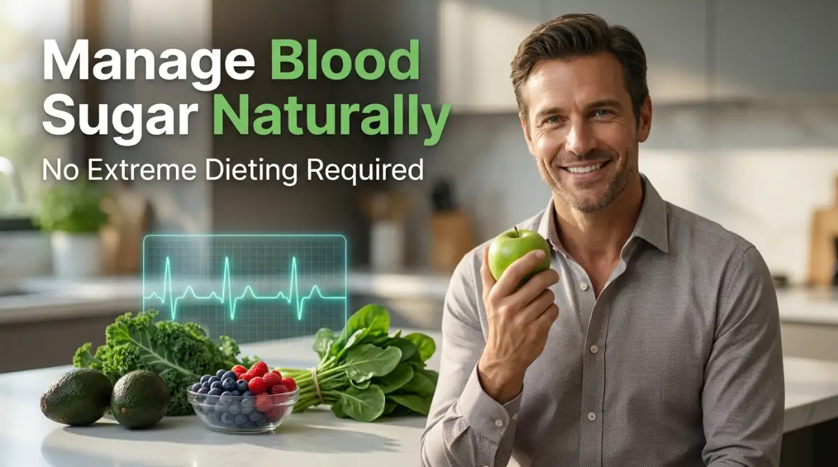 A healthy young man holding a green apple surrounded by nutritious whole foods, illustrating the concept of a natural step-by-step roadmap to managing blood sugar levels without extreme dieting.