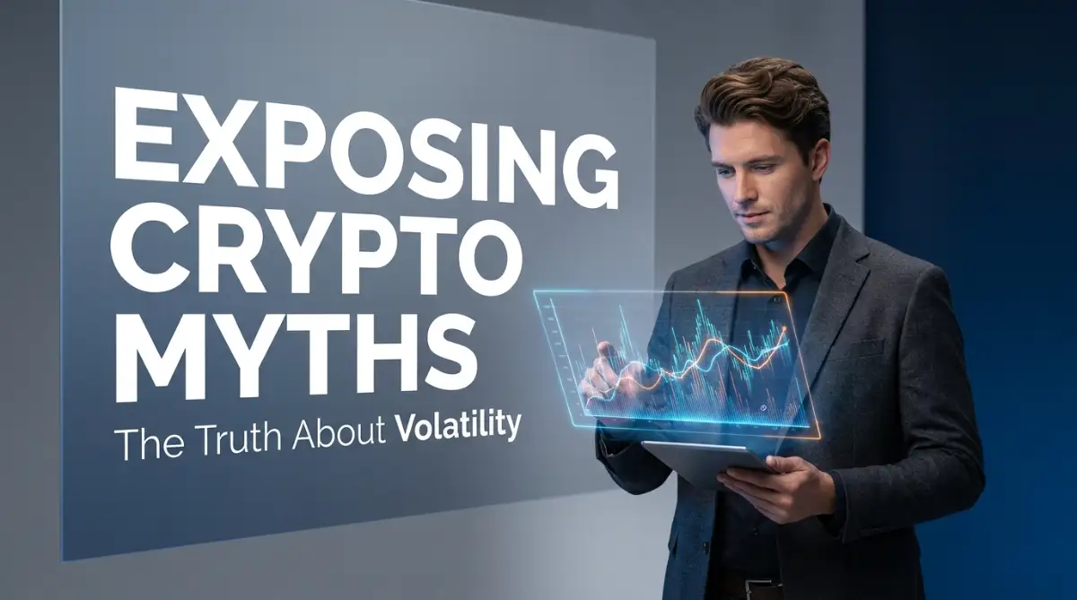 A smart young man analyzing a glowing digital chart, representing the concept of exposing the biggest myths about cryptocurrency market volatility and understanding market risks safely.