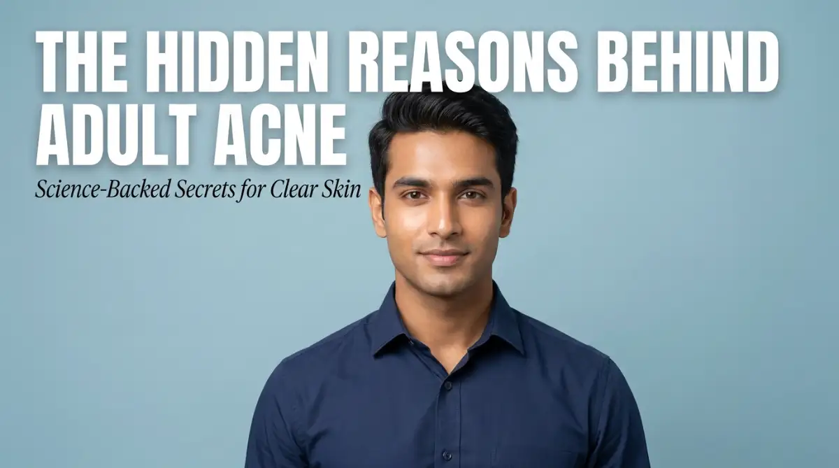 A handsome young male model with clear skin standing against a soft blue background, representing the hidden reasons behind stubborn adult acne and how to fix it naturally.