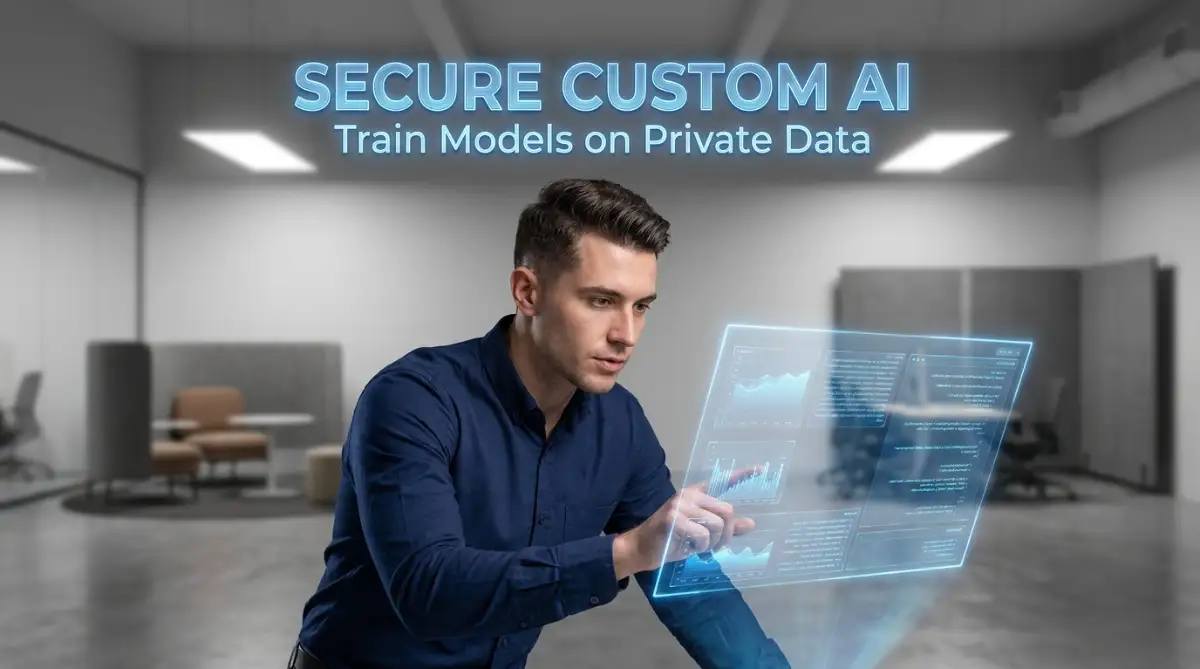 A smart male professional setting up a secure custom artificial intelligence model to safely train on private text documents inside a modern workspace.