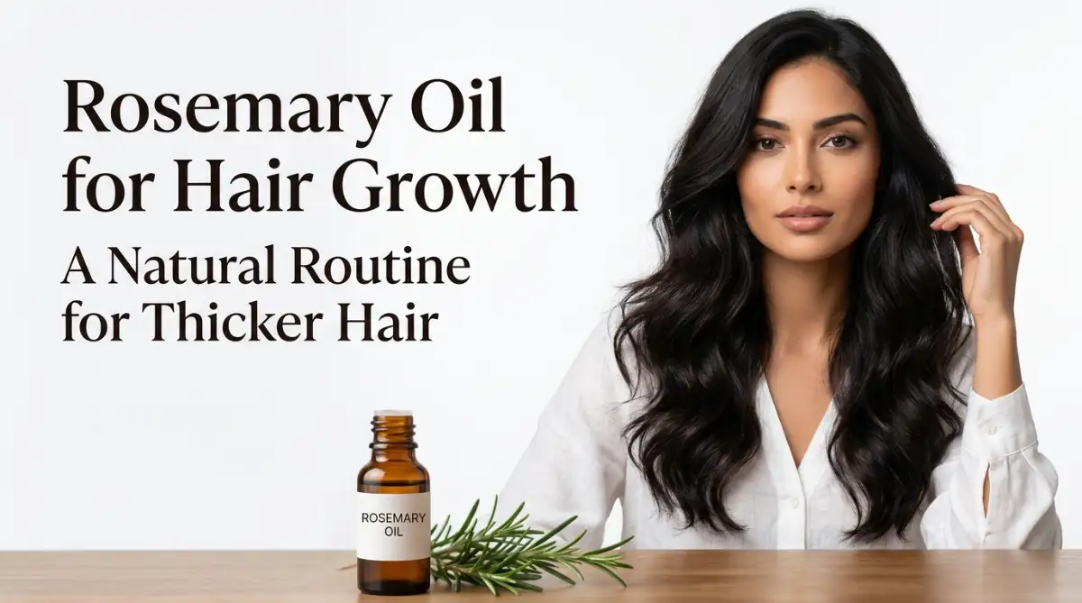 A beautiful woman with thick black hair demonstrating how to use rosemary oil for hair growth in a bright studio setting