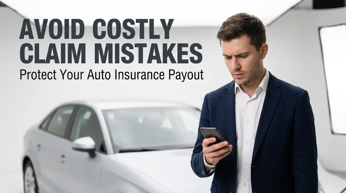 A smart young man holding a smartphone, worried about making costly auto insurance claim mistakes after an unexpected car accident.