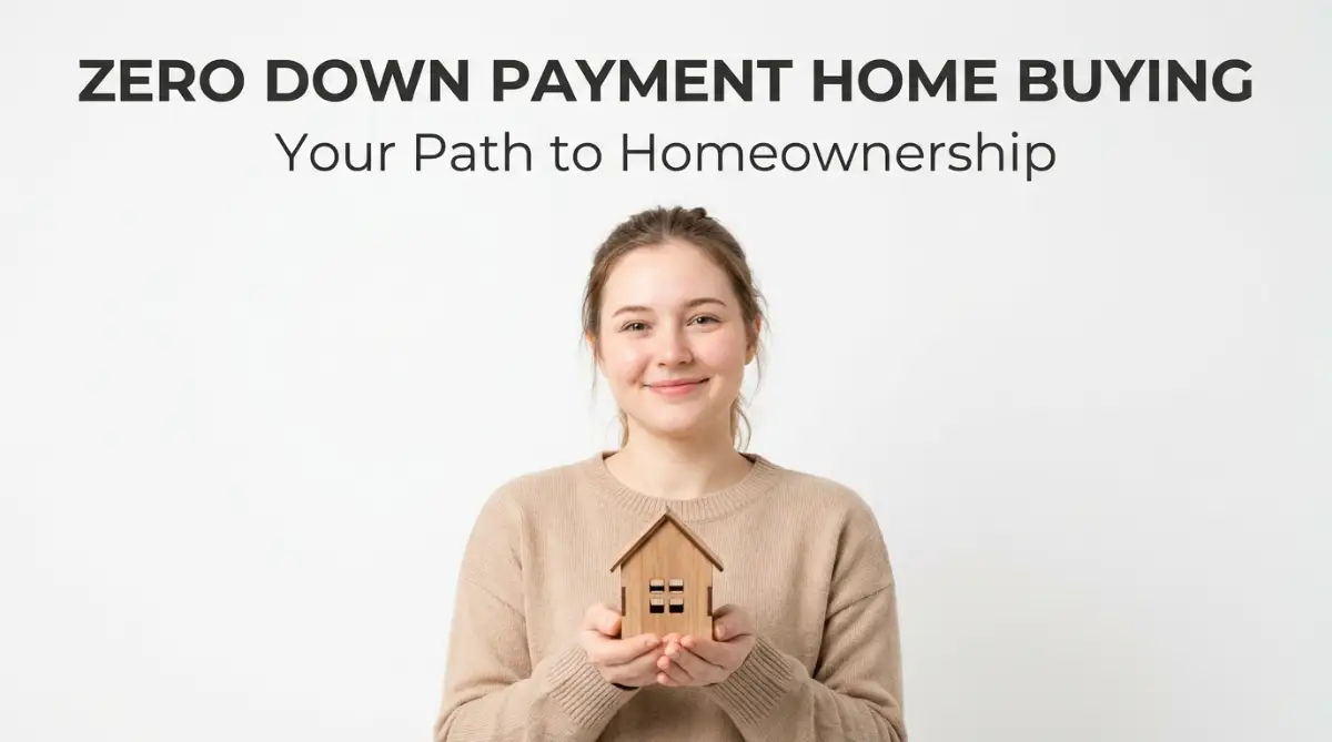 A fair-faced young woman smiling brightly while holding a miniature wooden house, illustrating the exciting journey of how to buy a house with zero down payment.