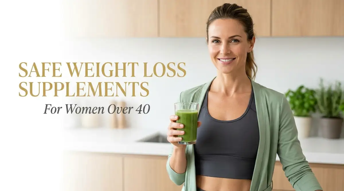 A healthy and confident woman smiling while holding a green smoothie, representing safe weight loss supplements for women over 40 in a modern kitchen setting.
