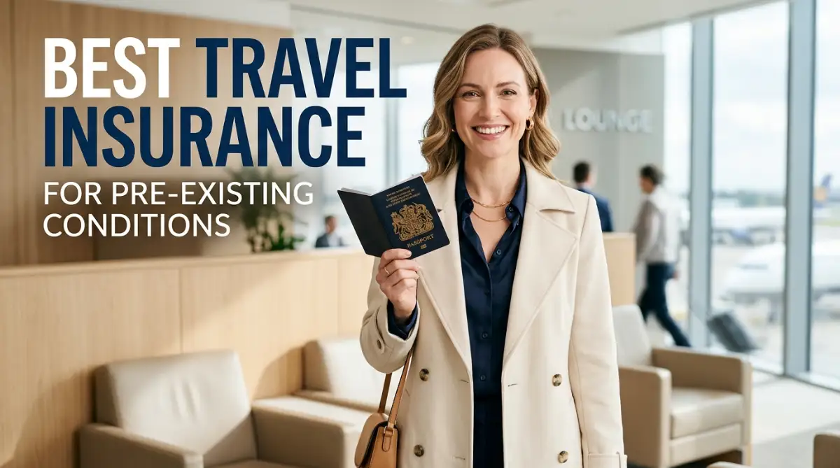 A confident woman holding a passport, representing the best travel insurance for pre-existing conditions and secure vacation planning.