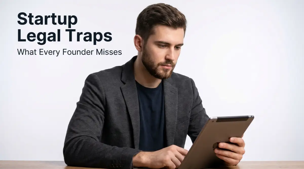 A smart young male founder reviewing startup legal requirements and business documents to protect his new company from lawsuits.