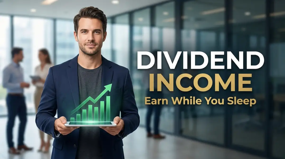 A confident young man holding a tablet showing financial growth, representing a realistic framework for generating a passive income stream through dividend stocks.