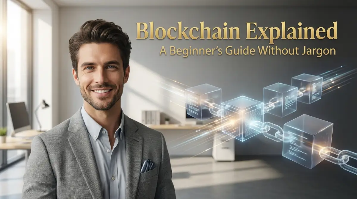 A smart young male model smiling next to simple floating digital blocks, representing a jargon-free guide to understanding blockchain basics.