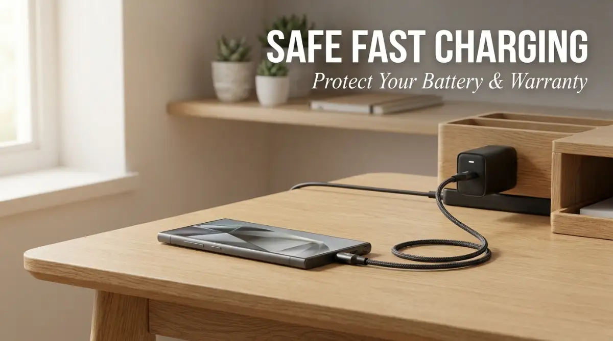 A sleek premium smartphone rests on a minimalist wooden desk while connected to a safe third-party fast charging adapter, illustrating how to charge devices without damaging the battery.