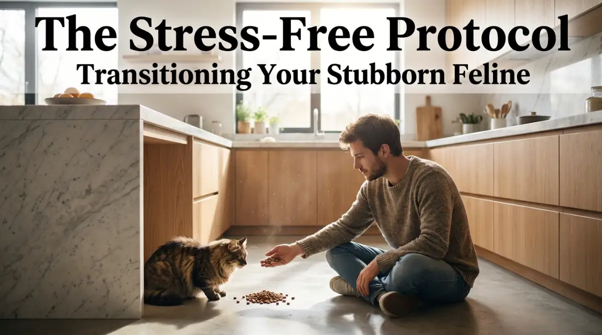 A smart young man sitting in a modern kitchen trying to patiently feed a new diet to his highly stubborn tabby cat.