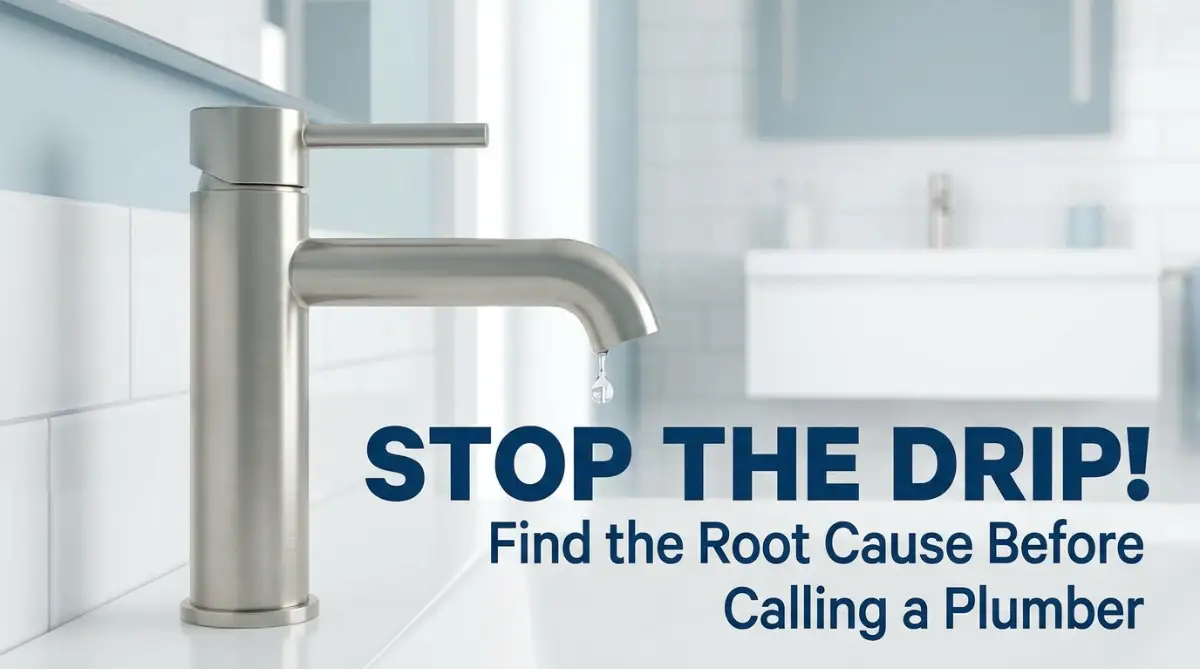 A modern, clean bathroom sink with a single drop of water falling from the faucet spout, representing the exact root cause of a dripping bathroom faucet that homeowners need to identify.