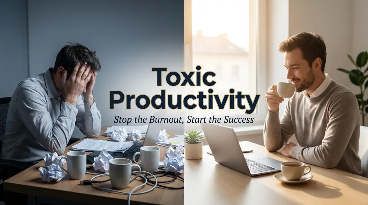 A stressed professional overcoming toxic productivity myths to achieve a healthy work-life balance.