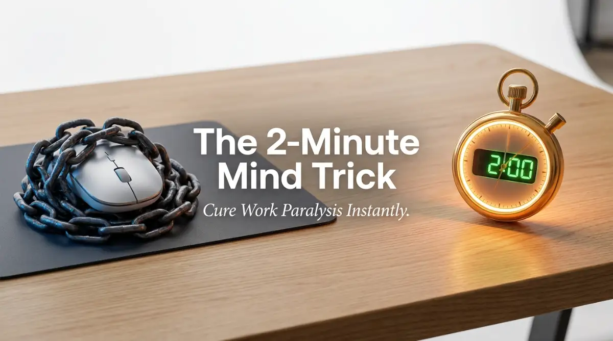 A chained computer mouse breaking free using a glowing two-minute timer to stop procrastination.